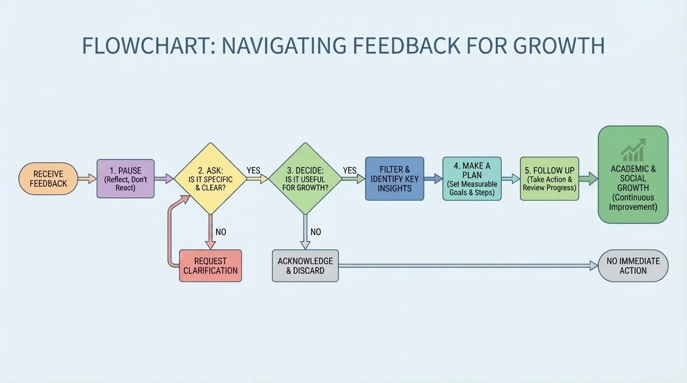 Flowchart decision tree for receiving feedback: pause, ask if it is specific, decide what is useful, make a plan, and follow up