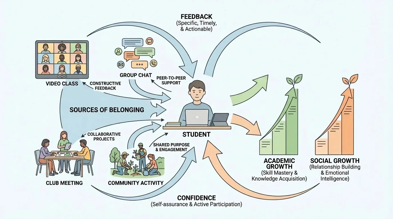 Illustration of a student at home connecting through video class, group chat, club meeting, and community activity, with labels showing sources of belonging