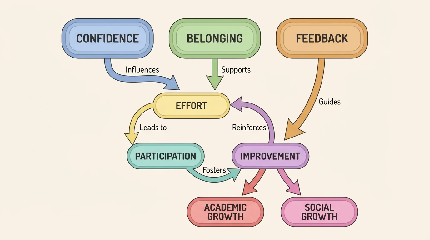 Flowchart showing confidence, belonging, and feedback influencing effort, participation, and improvement in a repeating cycle