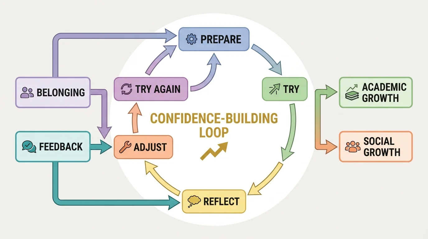 Flowchart showing a confidence-building loop with prepare, try, reflect, adjust, and try again