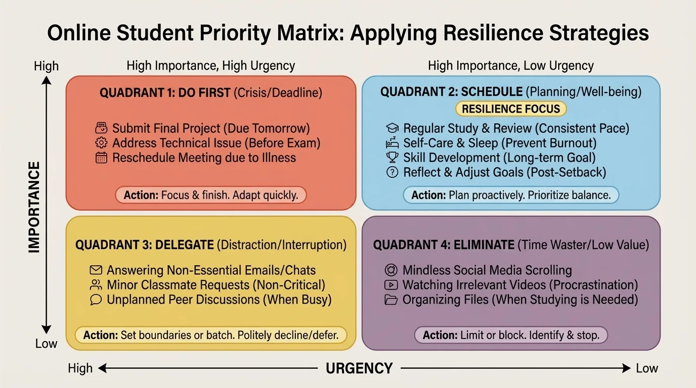 four-quadrant priority matrix for an online student with examples in urgent-important, important-not urgent, urgent-not important, and neither