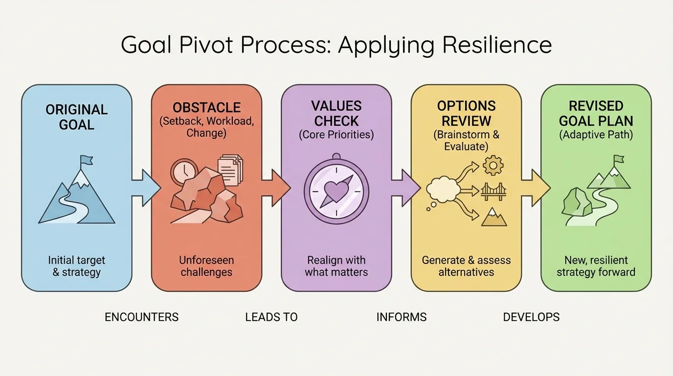 goal pivot process from original goal to obstacle, values check, options review, and revised goal plan