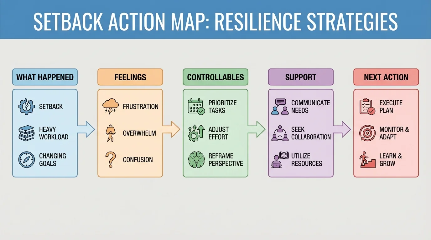 setback action map with boxes labeled what happened, feelings, controllables, support, and next action connected by arrows