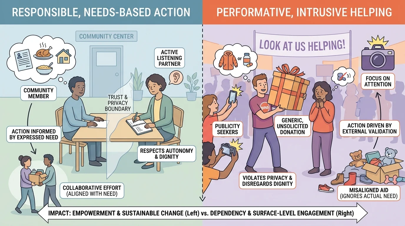 Illustration split into two sides showing respectful community service with listening and privacy on one side, and performative intrusive helping behavior for attention on the other
