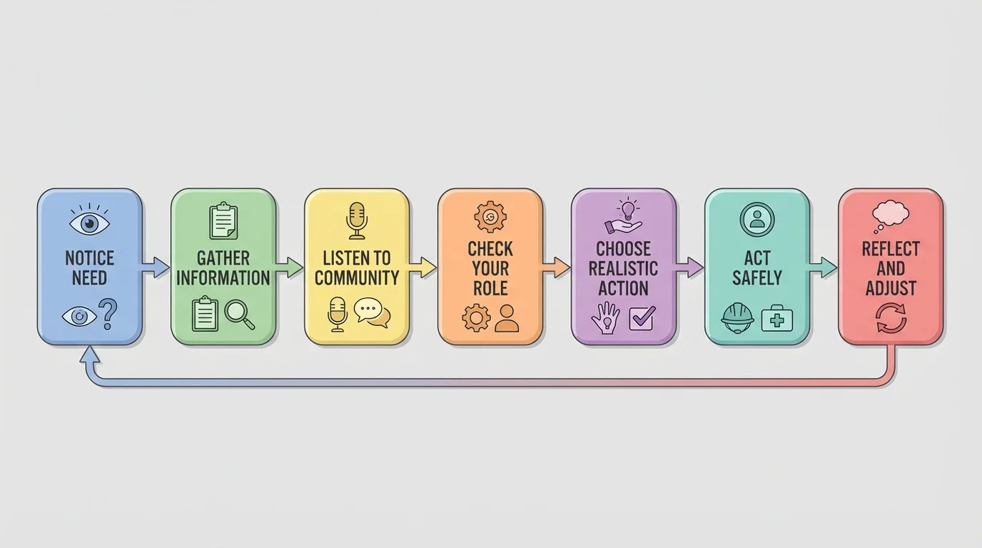 Flowchart showing steps notice need, gather information, listen to community, check your role, choose realistic action, act safely, reflect and adjust