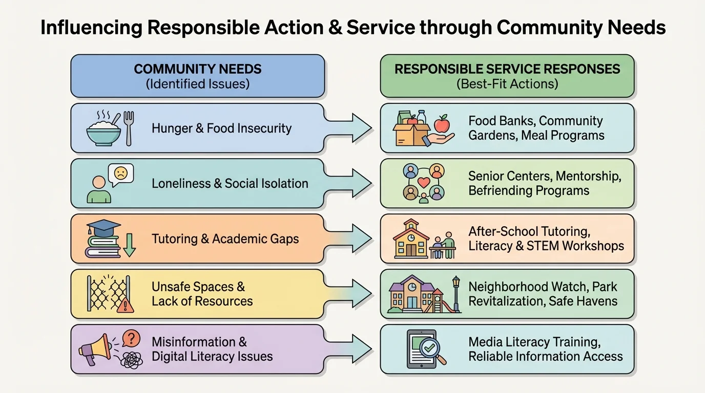 Chart comparing community needs such as hunger, loneliness, tutoring gaps, unsafe spaces, and misinformation with best-fit service responses