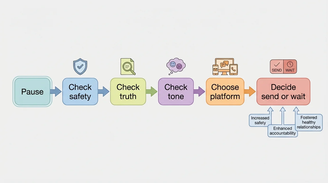 Flowchart with steps Pause, Check safety, Check truth, Check tone, Choose platform, Decide send or wait