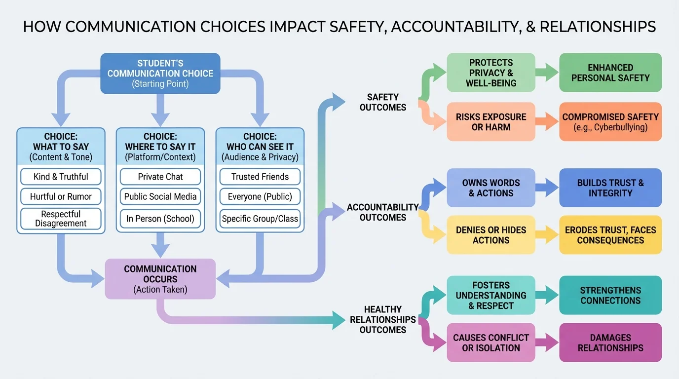Flowchart showing a student choosing what to say, where to say it, who can see it, and possible outcomes for safety, accountability, and relationships
