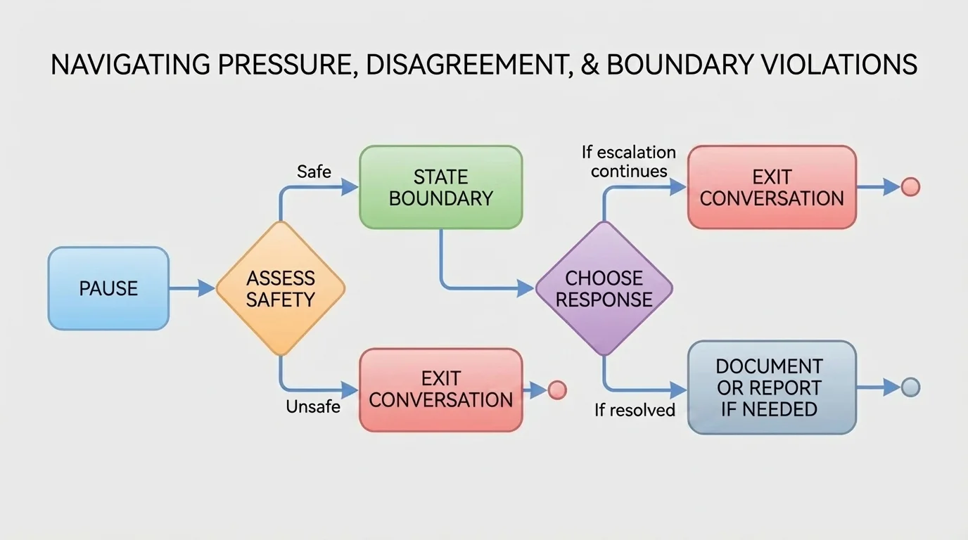 decision flow with boxes labeled pause, assess safety, state boundary, choose response, exit conversation, document or report if needed
