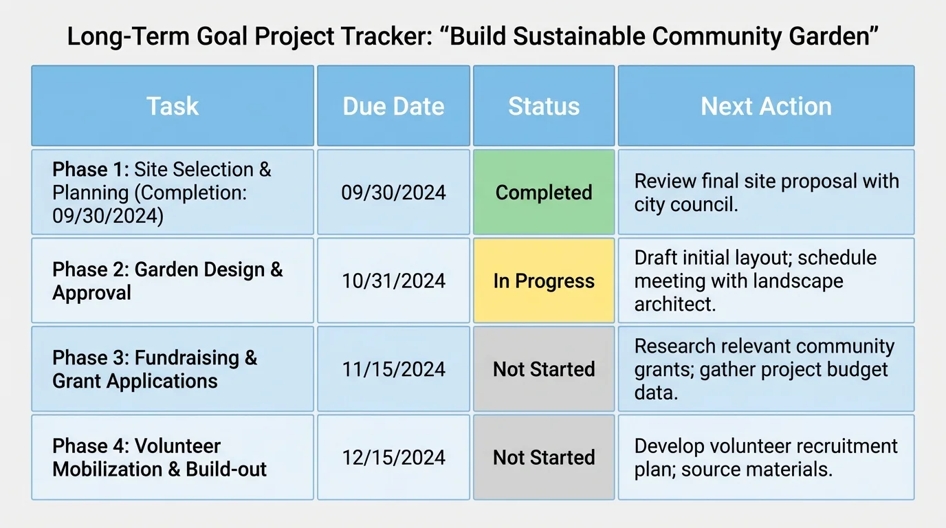Chart showing a project tracker with columns for task, due date, status, and next action
