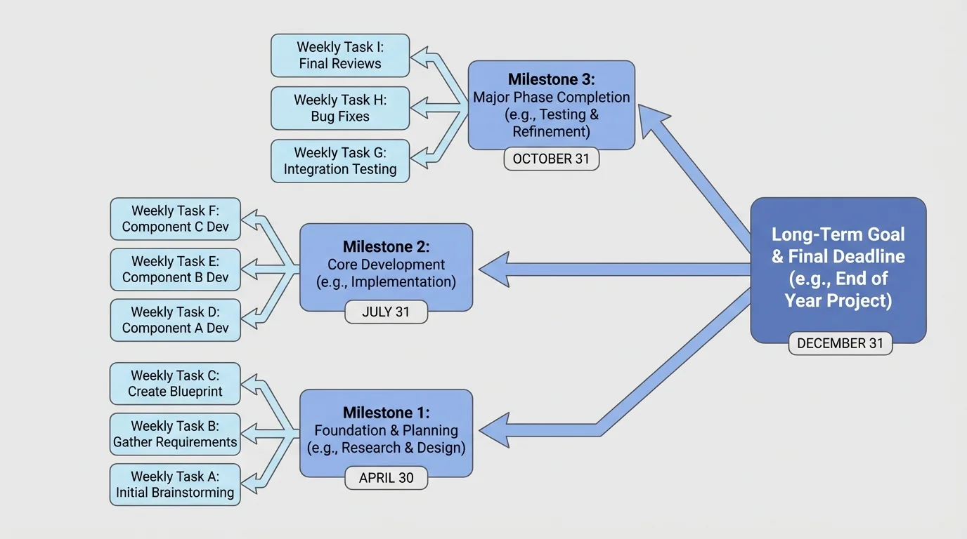 Flowchart showing a final deadline at the end, earlier milestones, and smaller weekly tasks branching backward from the deadline
