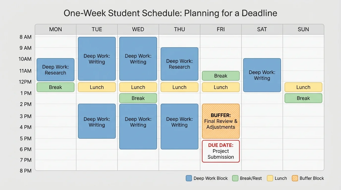 Chart of a one-week student schedule with color-coded deep work blocks, breaks, and a buffer block before a due date