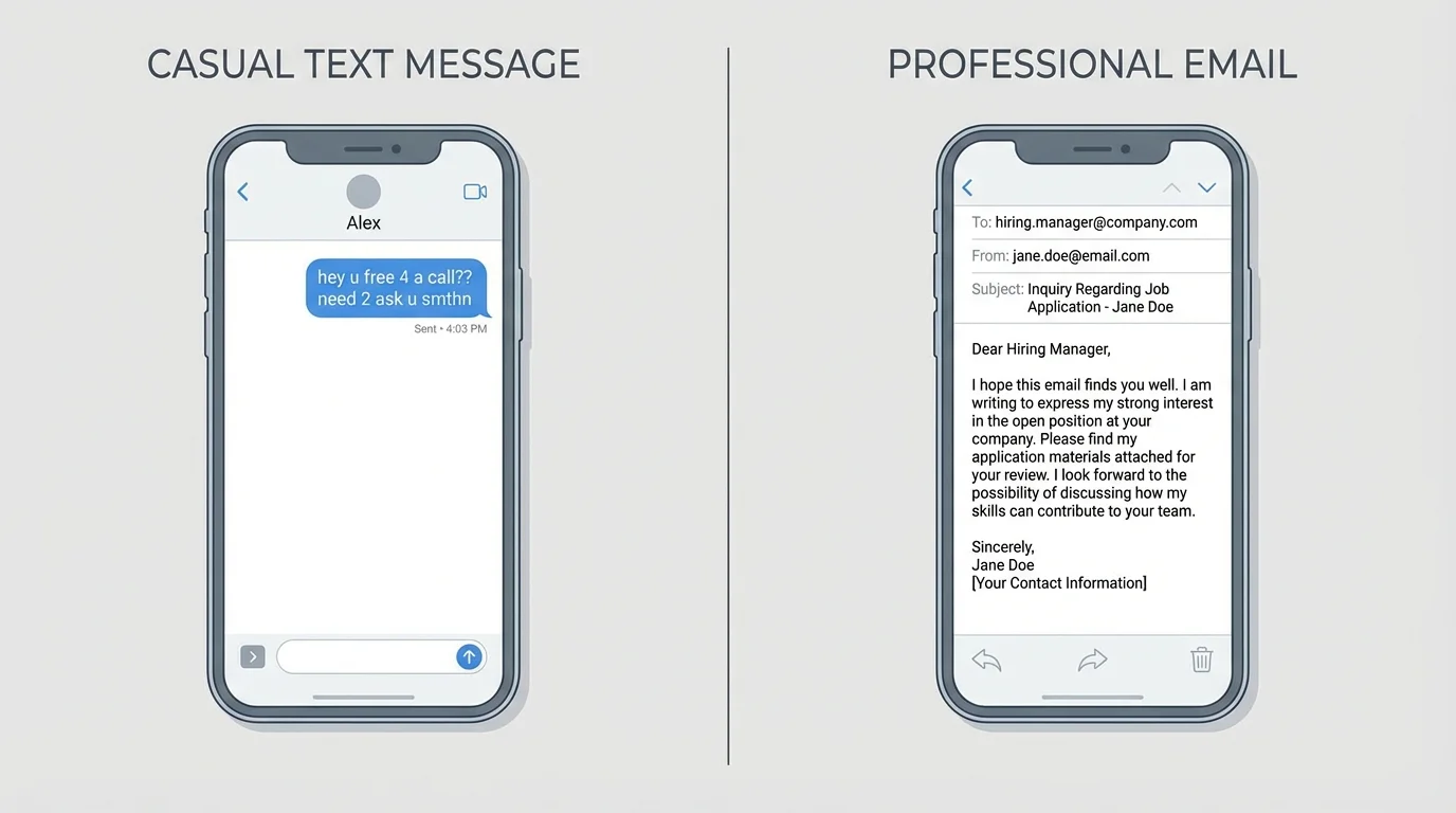 Side-by-side phone screen style comparison of a casual text message versus a professional email with greeting, clear purpose, and signature