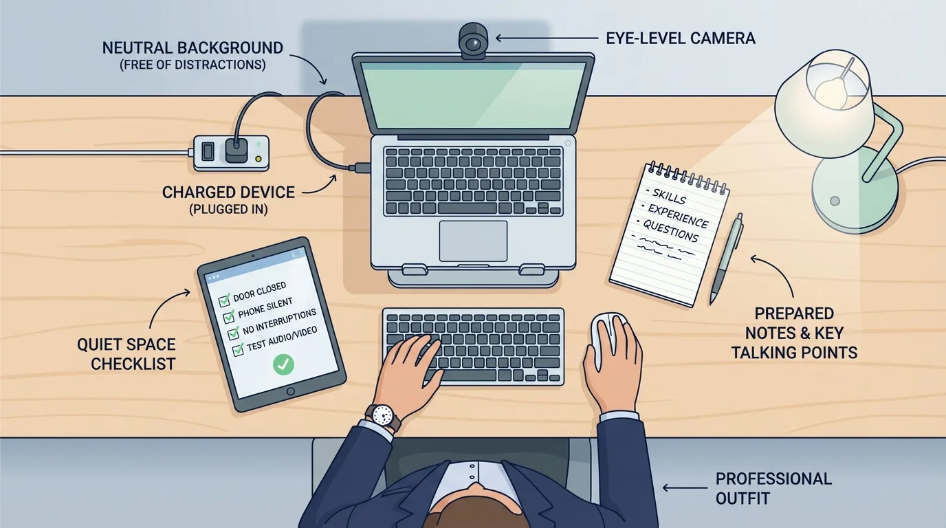 Interview preparation setup showing laptop at eye level, neutral background, notes nearby, charged device, professional outfit, and quiet space checklist