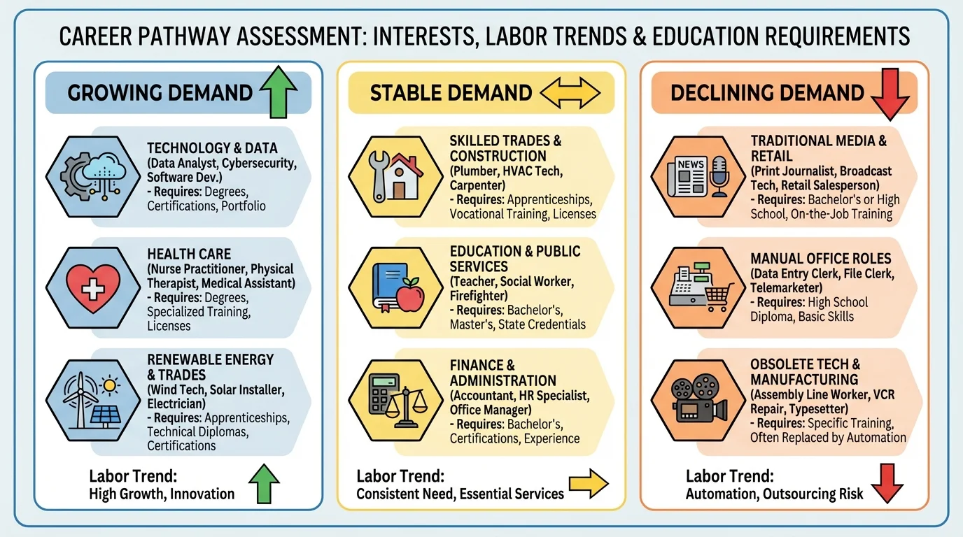 Comparison chart grouping careers into growing, stable, and declining demand, with sample examples, upward or downward arrows, and simple icons for health care, trades, tech, retail, and media