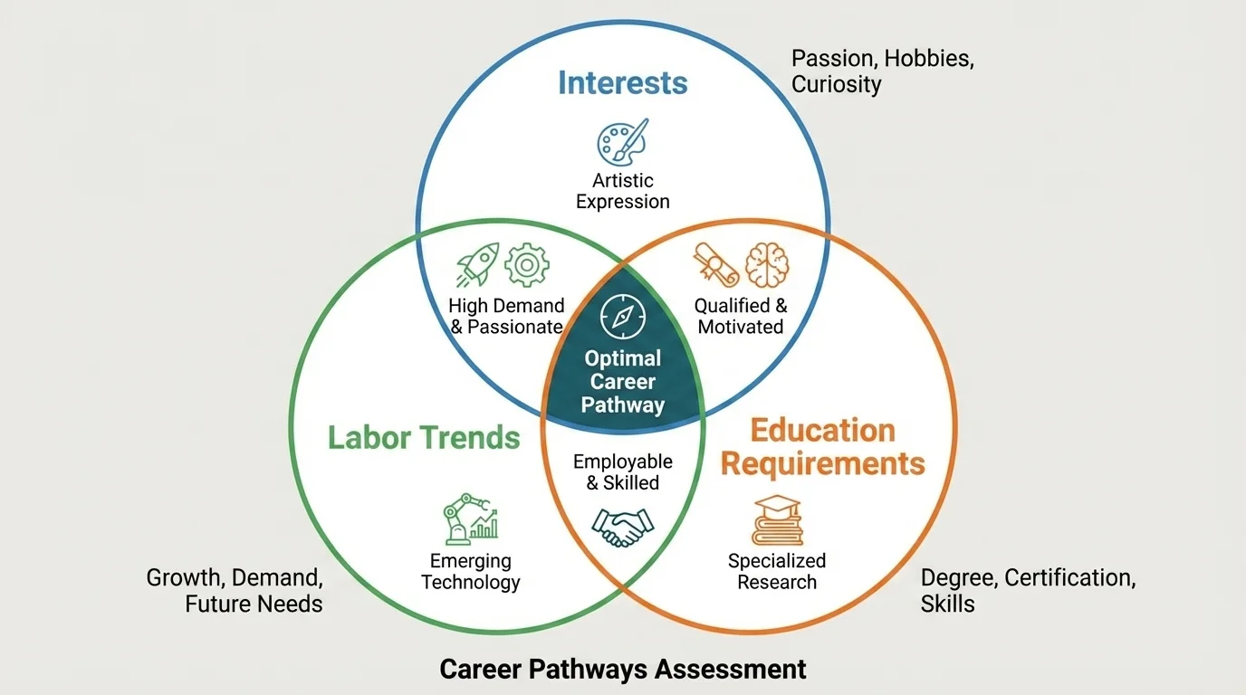 Venn-style diagram with three overlapping circles labeled interests, strengths, and values, with the center overlap labeled strong career fit and sample career icons around it