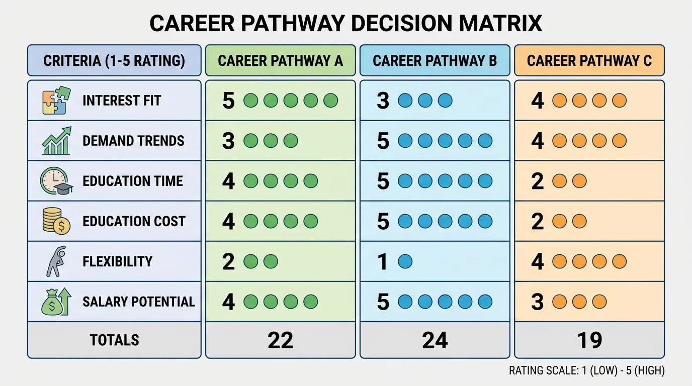 Decision matrix comparing three careers across interest fit, demand, education time, cost, flexibility, and salary potential, with simple 1-to-5 ratings and totals