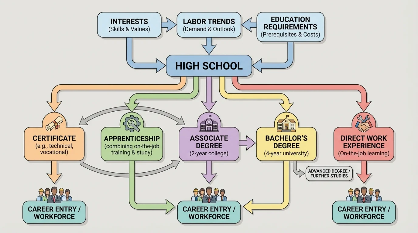 Flowchart starting from high school and branching to certificate, apprenticeship, associate degree, bachelor's degree, and direct work experience, with arrows showing some paths can lead into later credentials