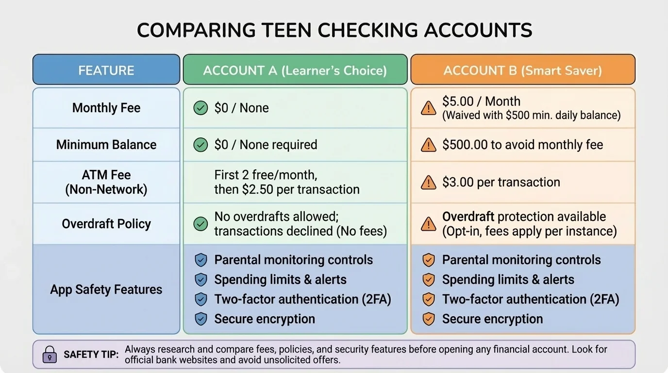 Chart comparing two teen checking accounts with columns for monthly fee, minimum balance, ATM fee, overdraft policy, and app safety features