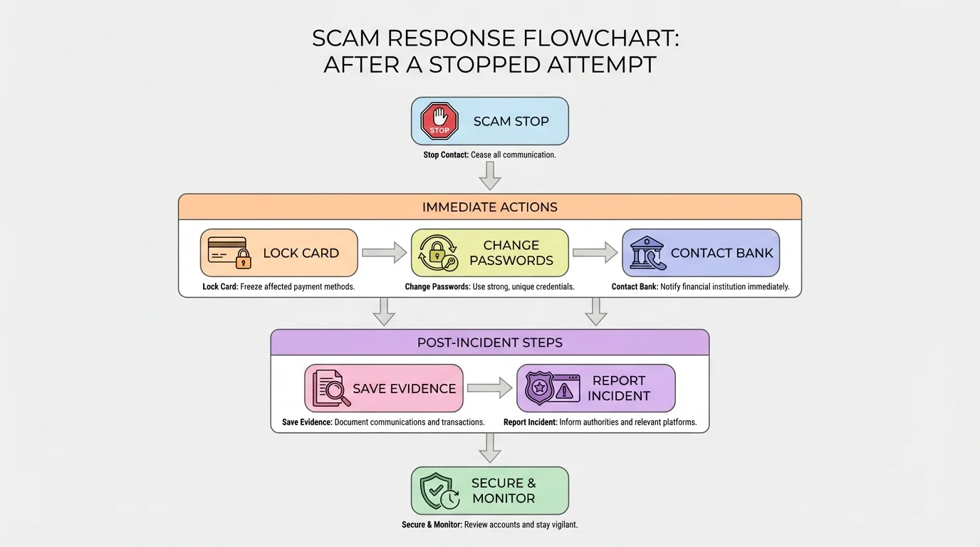 Flowchart showing response steps after a scam stop contact, lock card, change passwords, contact bank, save evidence, and report the incident