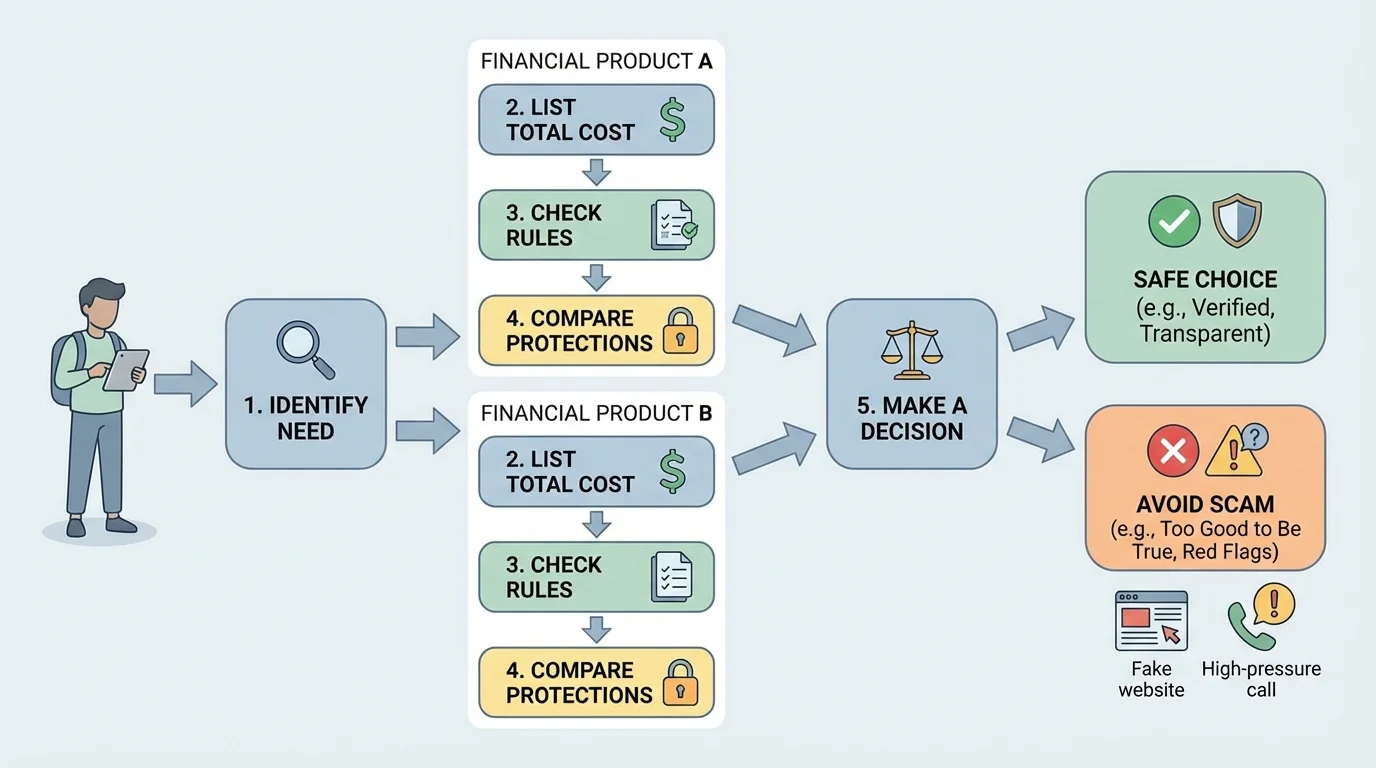 Flowchart showing a student comparing two financial products using steps identify need, list total cost, check rules, compare protections, and make a decision