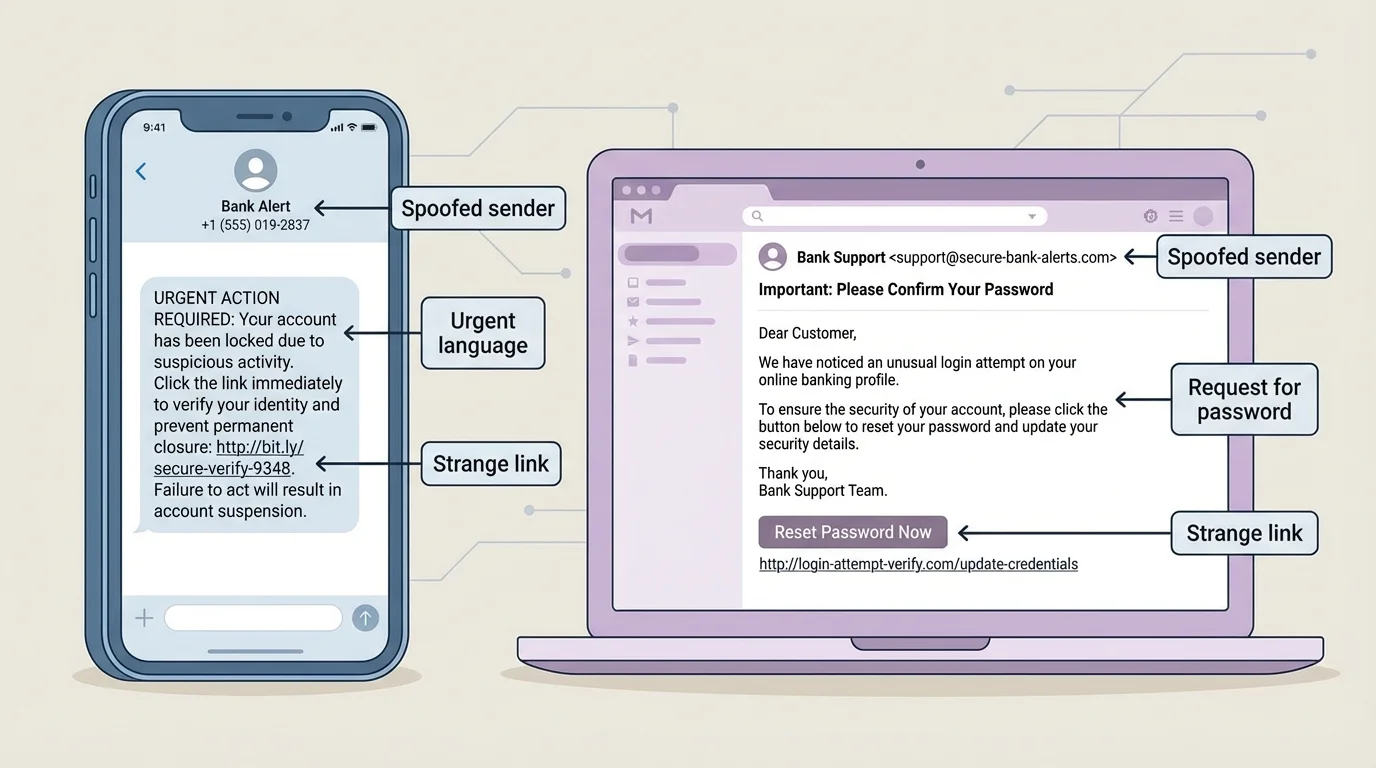 Illustration of a fake bank text and phishing email on phone and laptop with labels urgent language, strange link, request for password, and spoofed sender