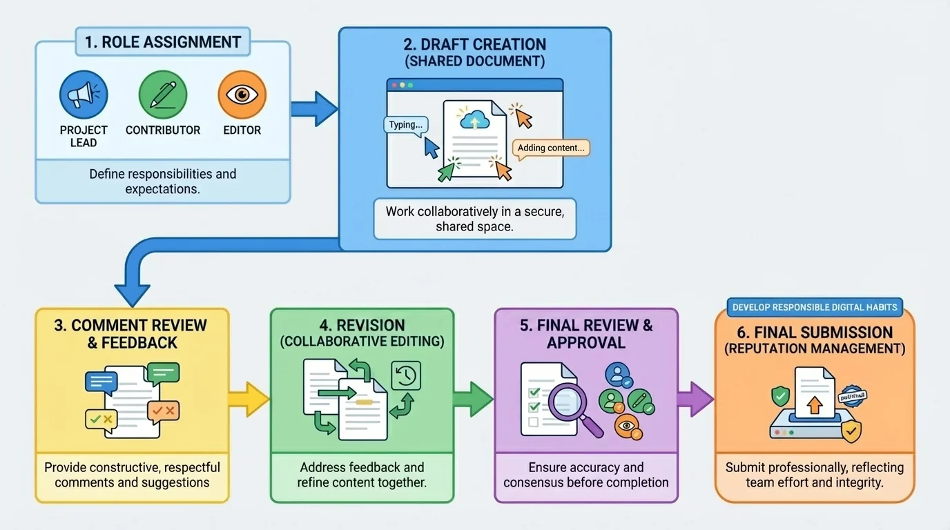Flowchart of a student team using a shared document with role assignment, draft creation, comment review, revision, and final submission