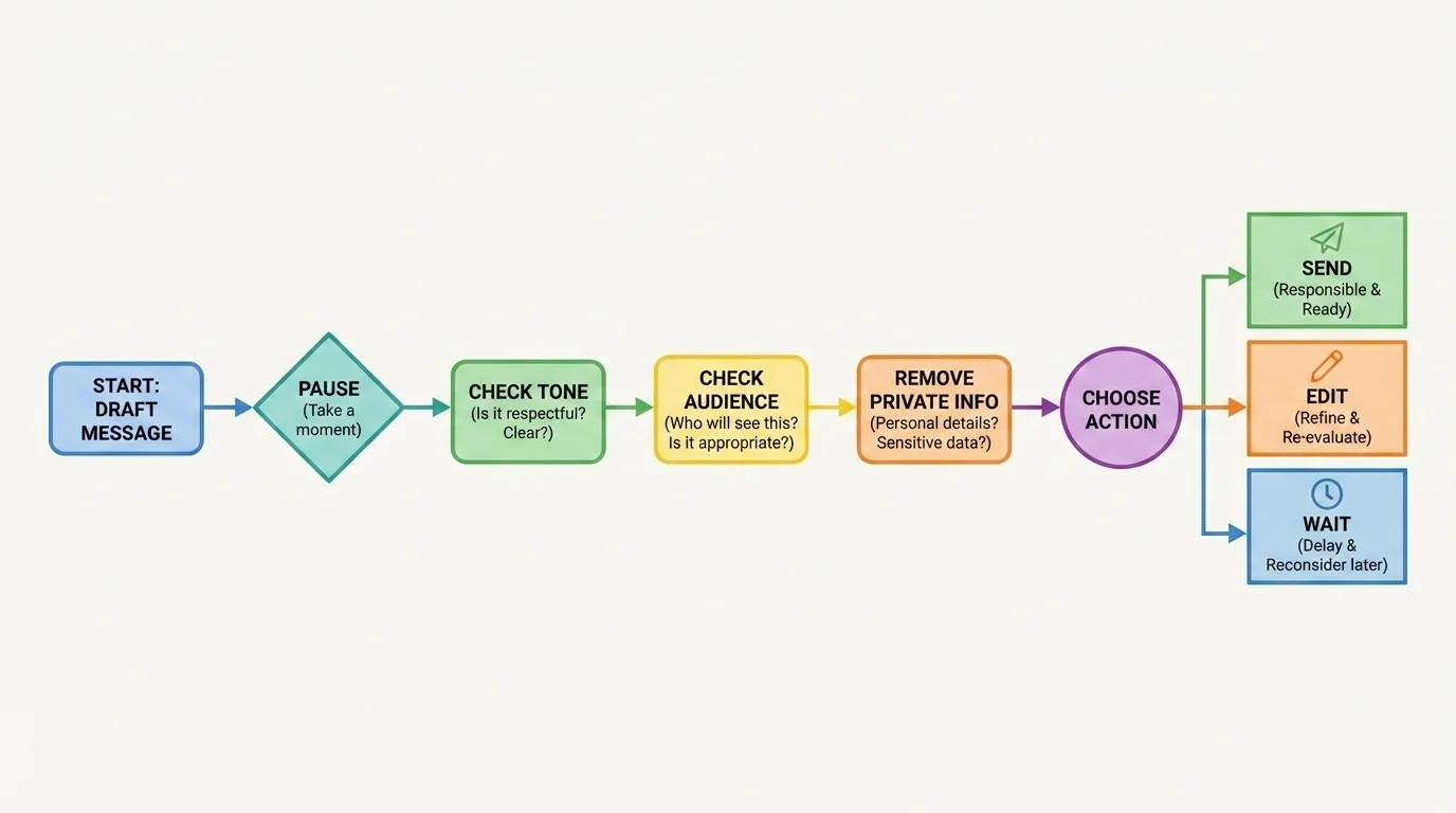 Flowchart of online message decision steps labeled pause, check tone, check audience, remove private info, and choose send, edit, or wait