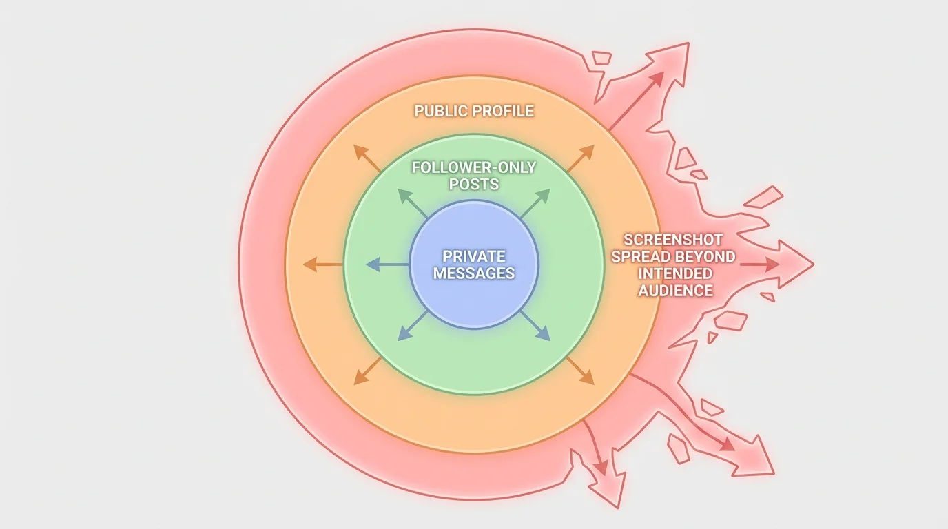 Diagram with concentric layers labeled private messages, follower-only posts, public profile, and screenshot spread beyond intended audience