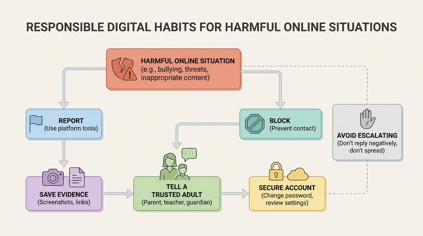 Flowchart showing report, block, save evidence, tell a trusted adult, secure account, and avoid escalating during harmful online situations