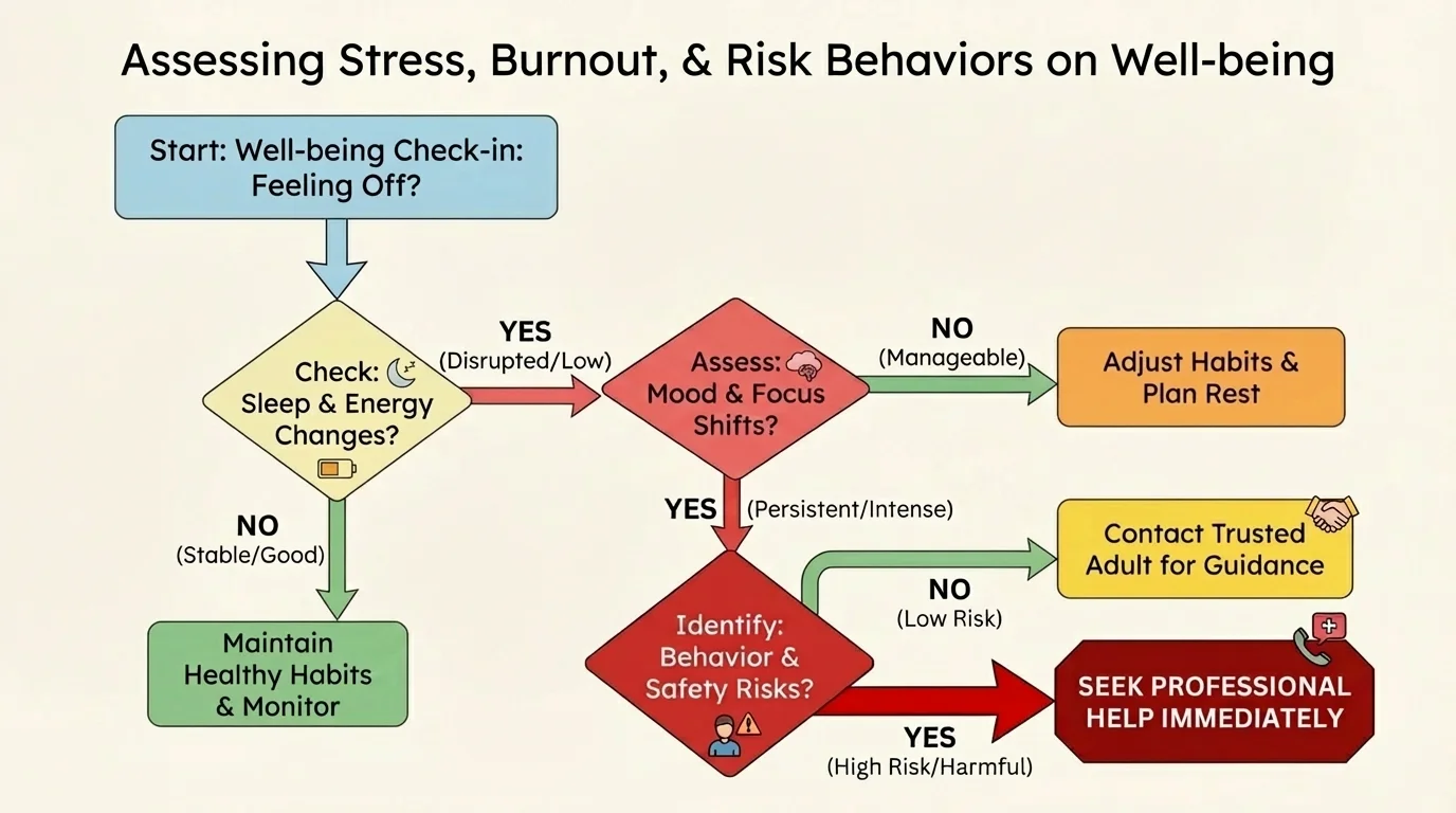 decision flowchart for checking sleep, mood, behavior changes, safety risks, and whether to rest, adjust habits, contact a trusted adult, or seek professional help