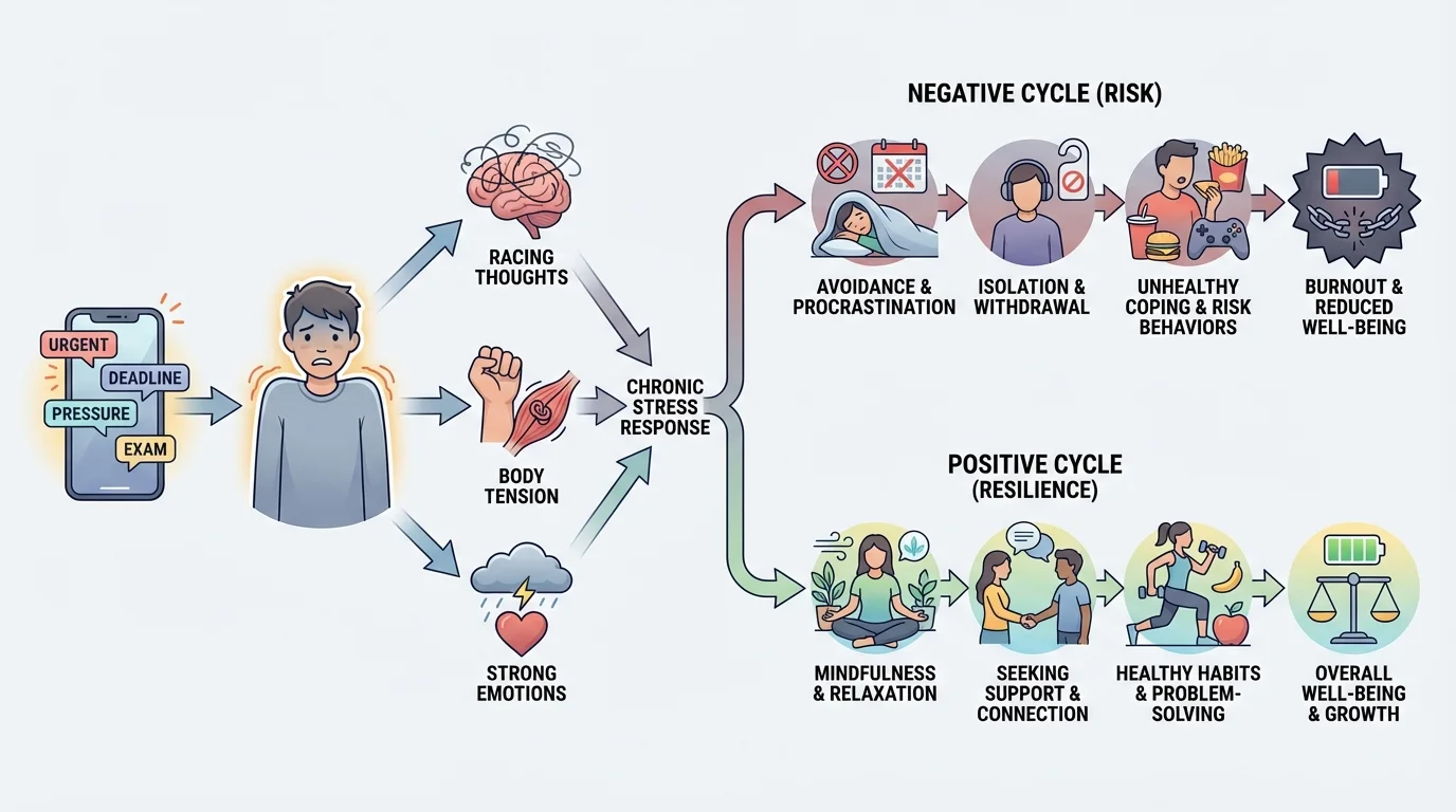 flowchart of a teen receiving stressful messages on a phone, then showing body tension, racing thoughts, strong emotions, and branching reactions of avoidance or healthy coping