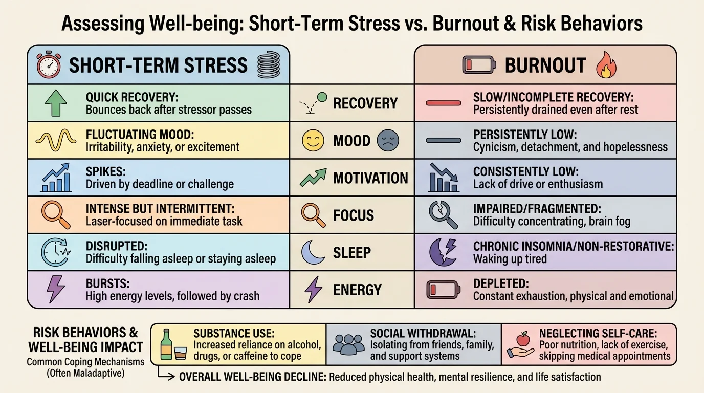 comparison chart with two columns labeled short-term stress and burnout, showing recovery, mood, motivation, focus, sleep, and energy differences