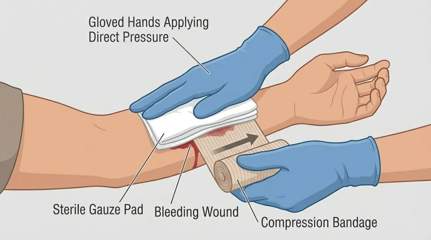 Illustration of gloved hands applying firm pressure to a bleeding arm wound with clean cloth and bandage