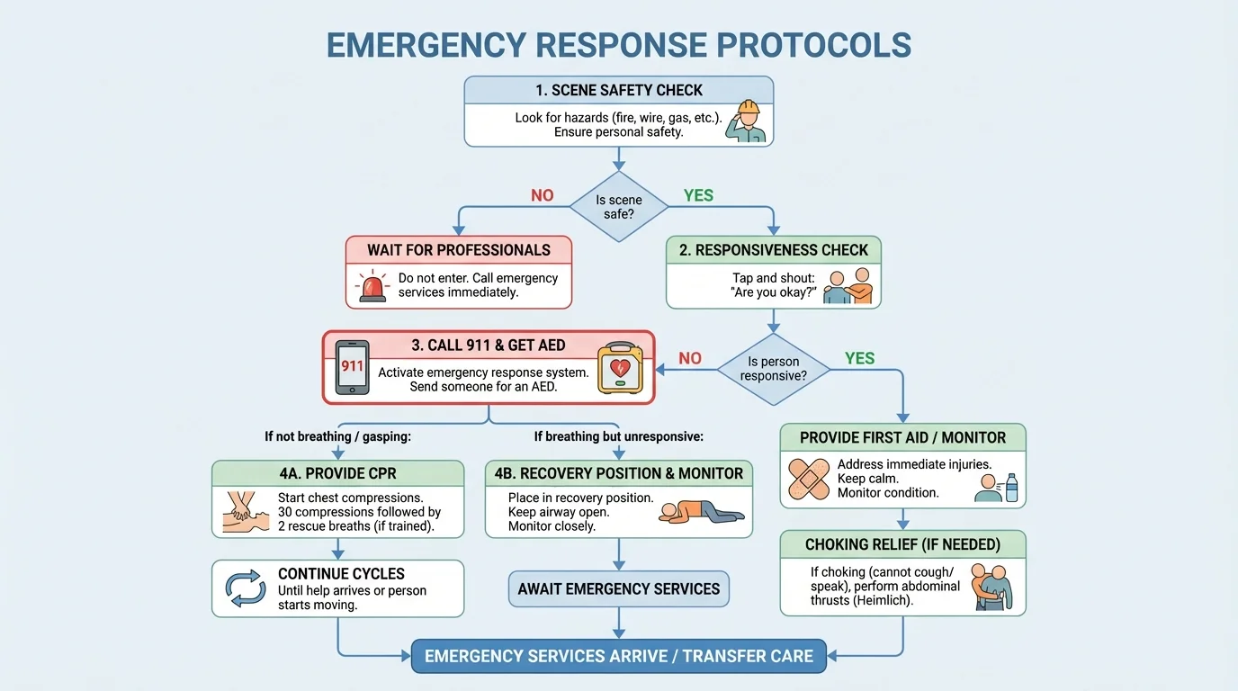 Flowchart showing scene safety check, responsiveness check, call emergency services, get AED, provide care