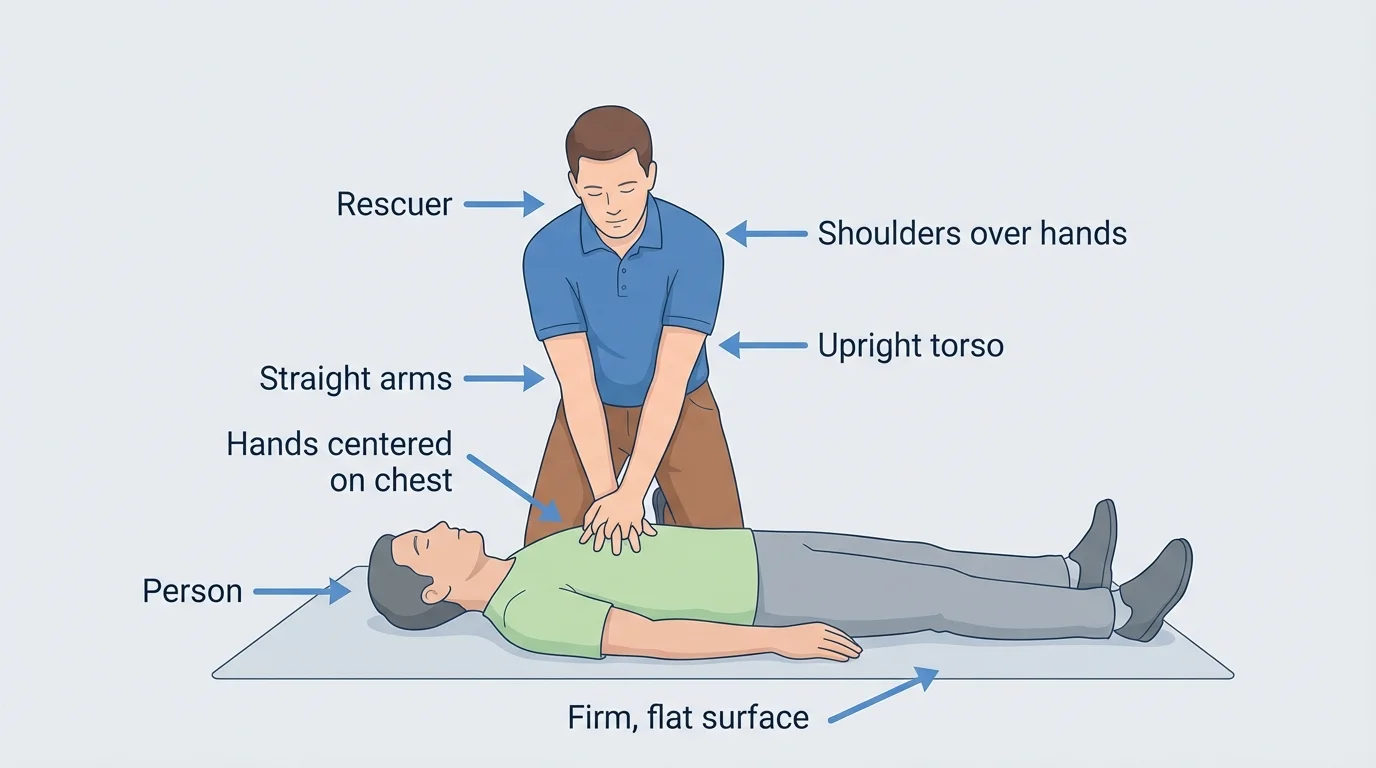 Illustration of a rescuer kneeling beside a person, hands centered on the chest, straight arms, correct body posture for CPR