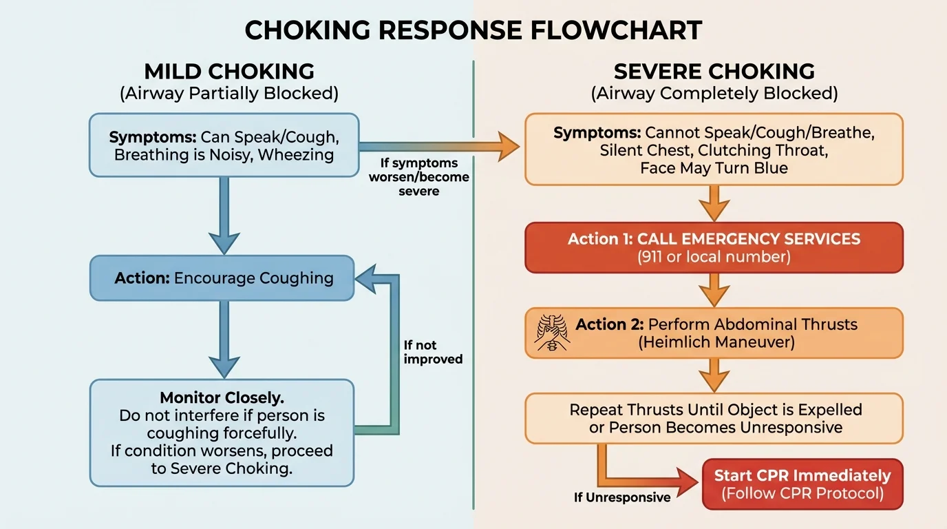 Flowchart comparing mild choking and severe choking with steps for coughing encouragement, abdominal thrusts, and calling emergency services