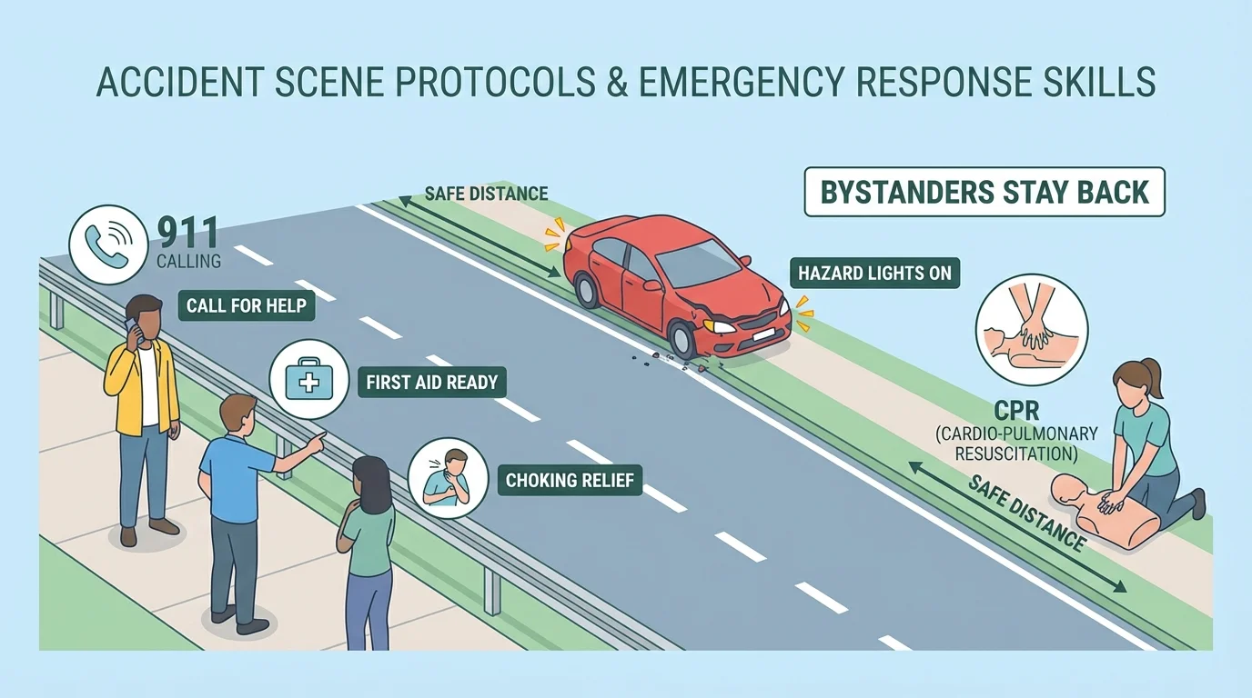 Illustration of a minor roadside crash with hazard lights on, bystanders at a safe distance, one person calling emergency services, no one standing in traffic