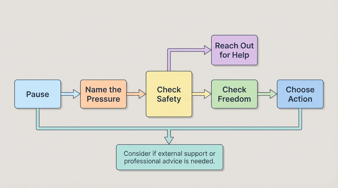 Flowchart showing the decision-check process with boxes labeled pause, name the pressure, check safety, check freedom, choose action, and reach out for help
