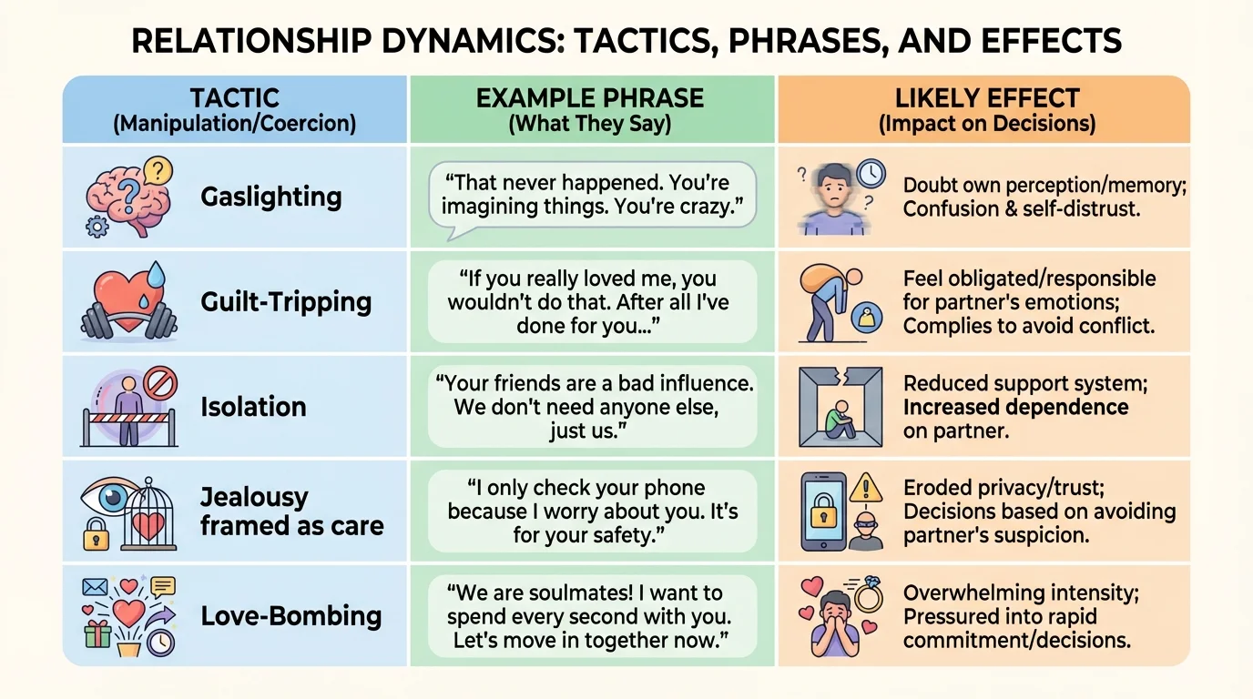 Chart with three columns labeled tactic, example phrase, and likely effect, including gaslighting, guilt-tripping, isolation, jealousy framed as care, and love-bombing