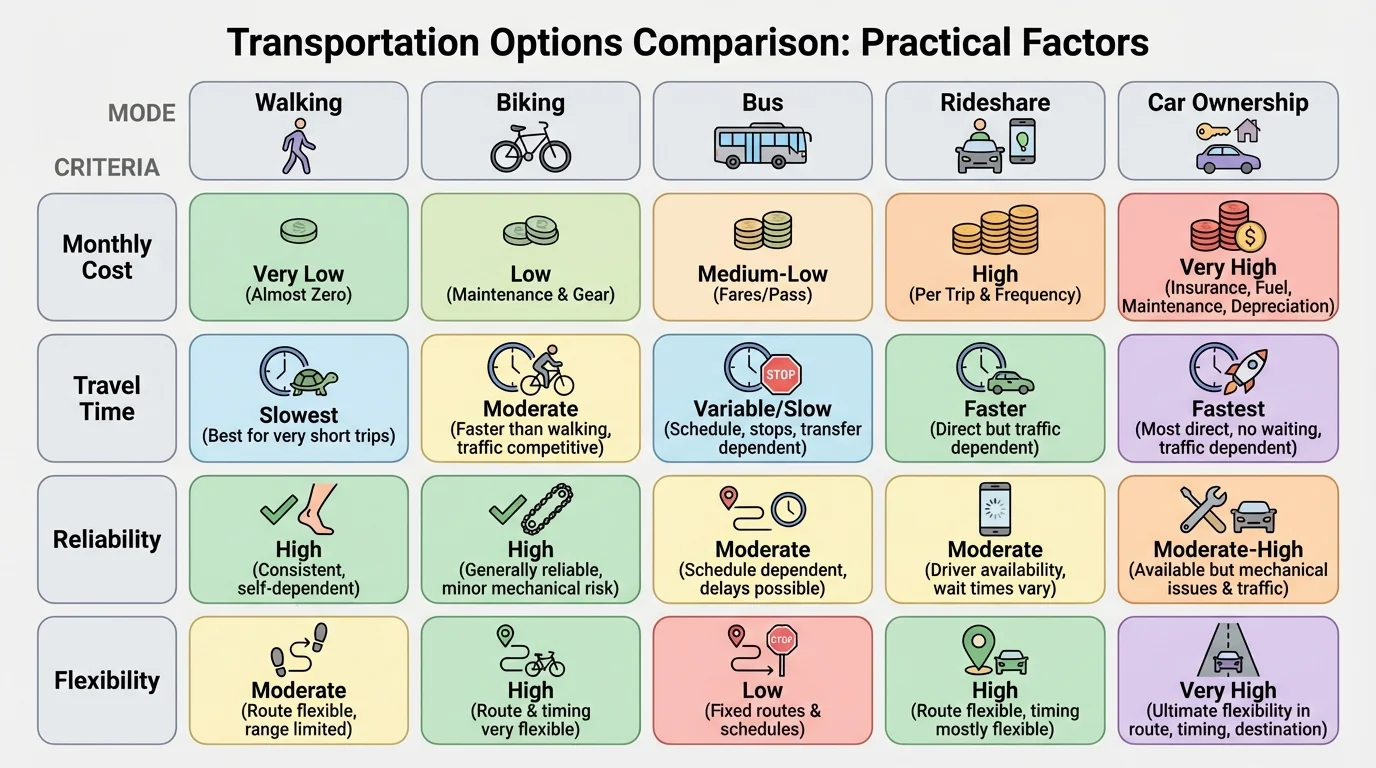 Chart comparing walking, biking, bus, rideshare, and car ownership by monthly cost, travel time, reliability, and flexibility