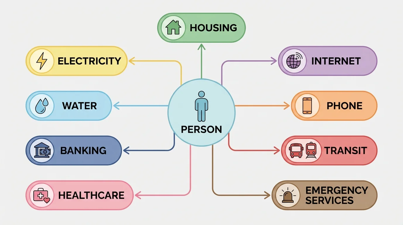 Flowchart showing one person in the center connected to housing, electricity, water, internet, phone, banking, healthcare, transit, and emergency services