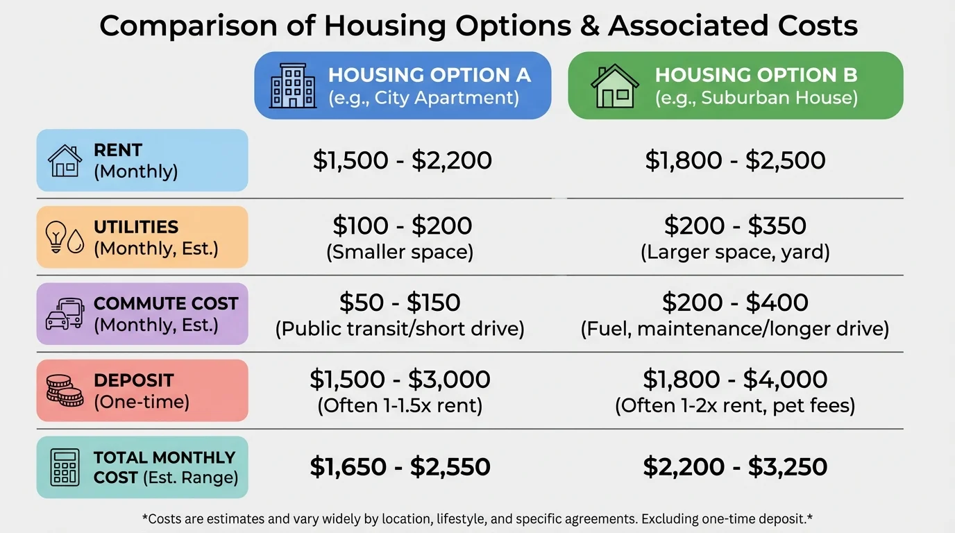 Chart comparing two housing options with categories for rent, utilities, commute cost, deposit, and total monthly cost