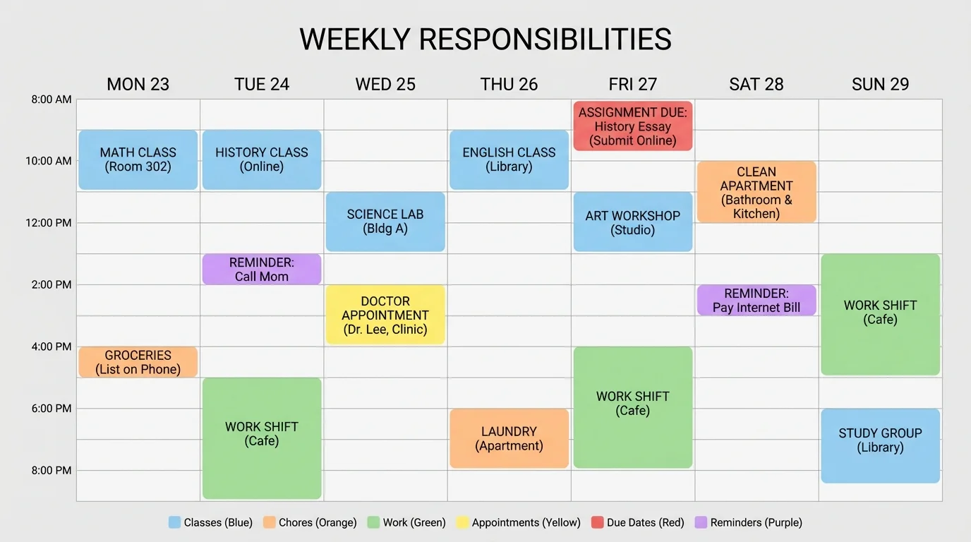 Weekly digital calendar layout with classes, chores, work shift, doctor appointment, assignment due date, and reminder blocks