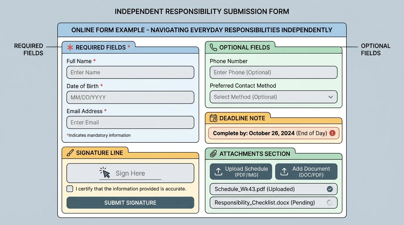 Labeled example of a common online or paper form showing required fields, optional fields, deadline note, signature line, and attachments section