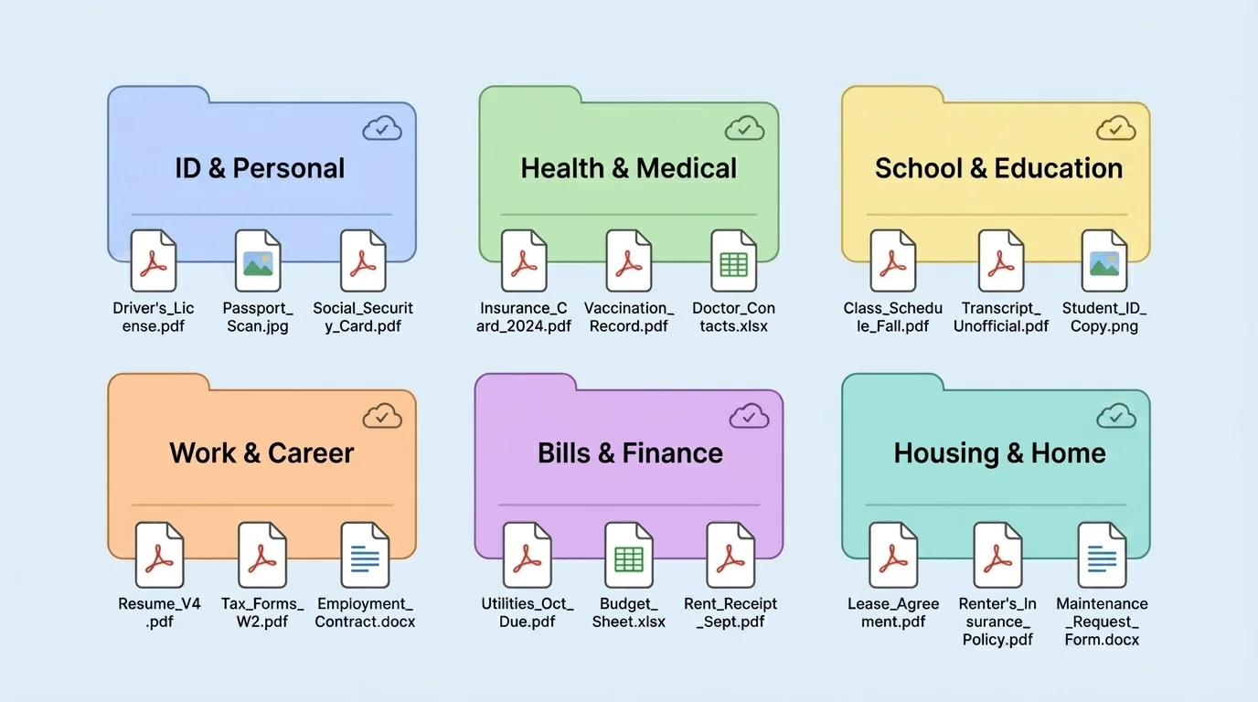 Device screen showing organized folders for ID, health, school, work, bills, and housing, with clear file names and backup icons