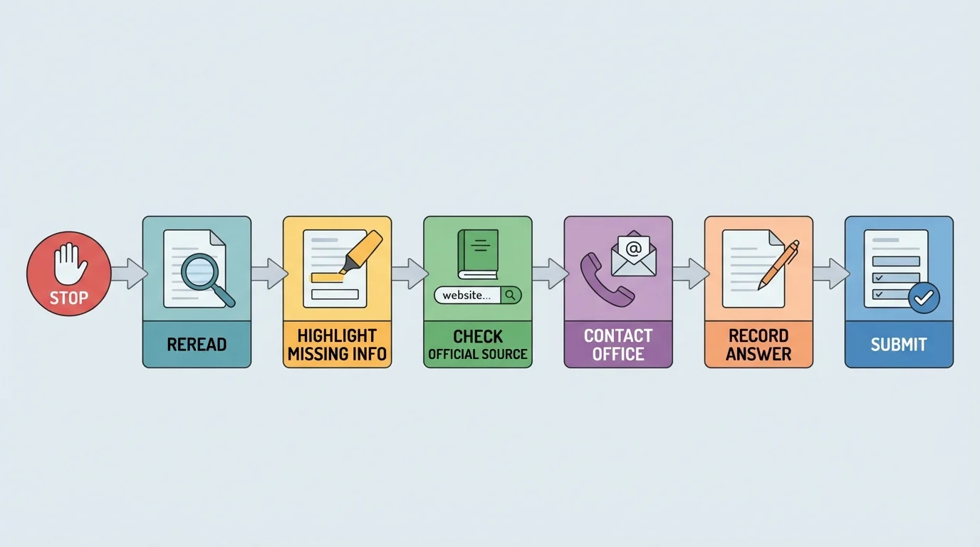 Flowchart showing steps: stop, reread, highlight missing info, check official source, contact office, record answer, submit