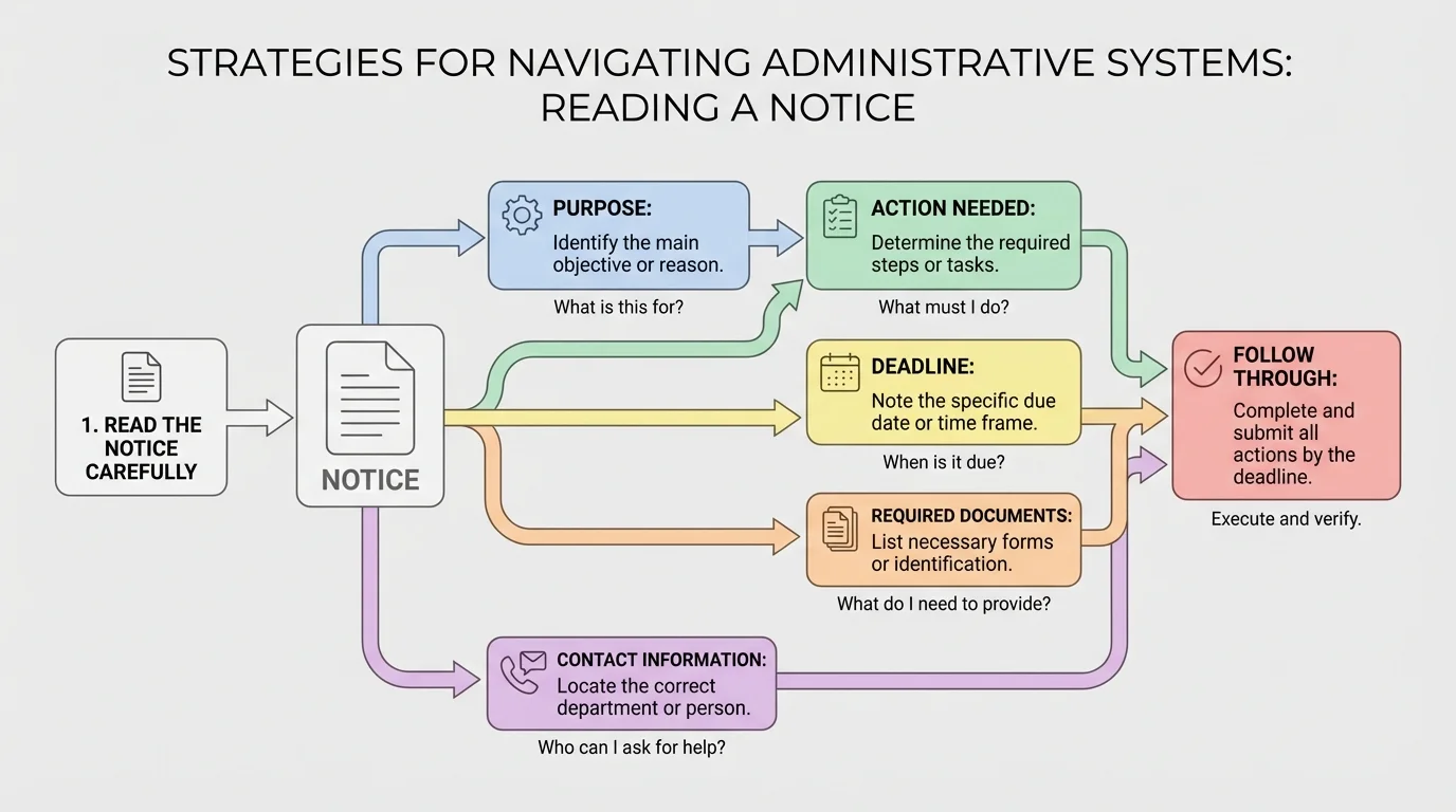 Flowchart of reading a notice with boxes labeled purpose, action needed, deadline, required documents, and contact information