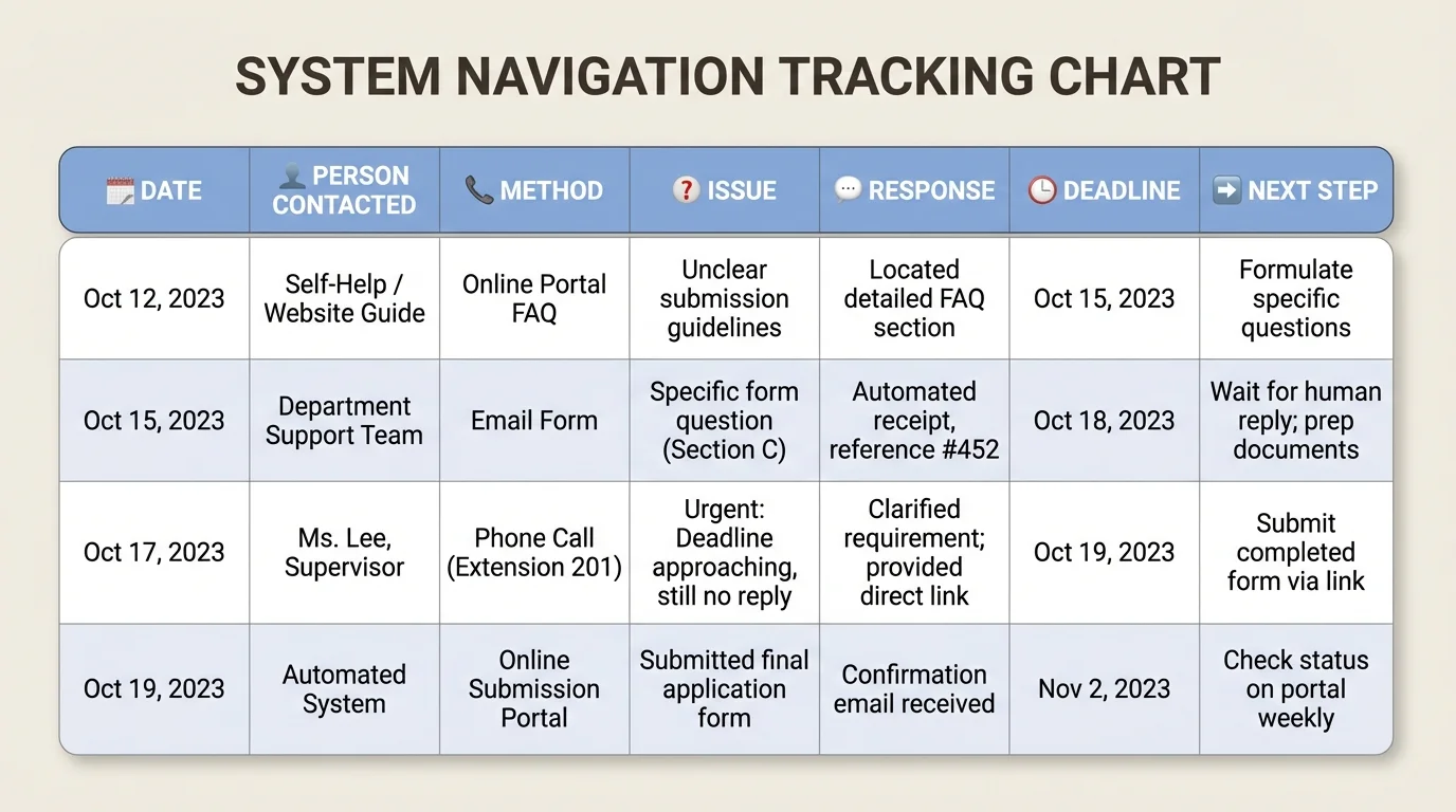 Simple tracking chart with columns for date, person contacted, method, issue, response, deadline, and next step