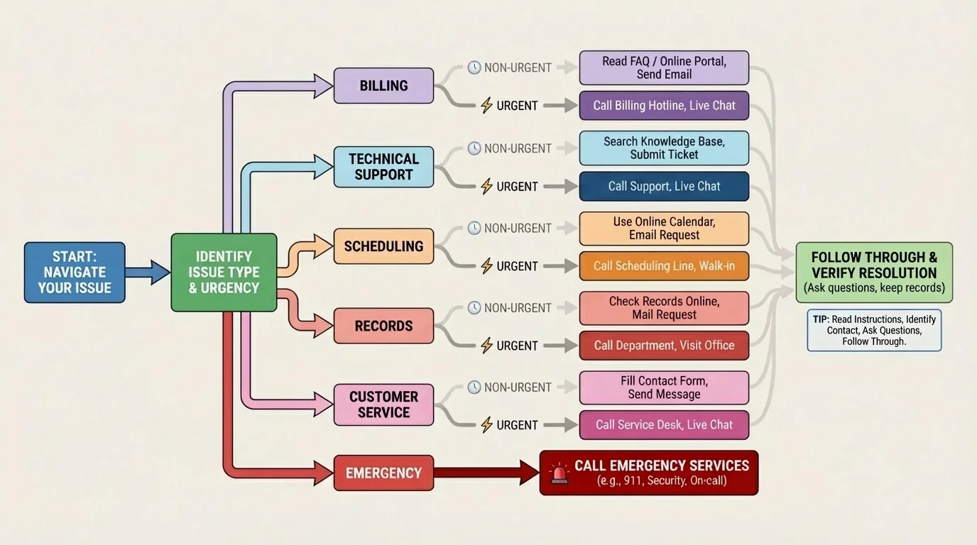 Decision tree that routes an issue by type and urgency to billing, technical support, scheduling, records, customer service, or emergency contact